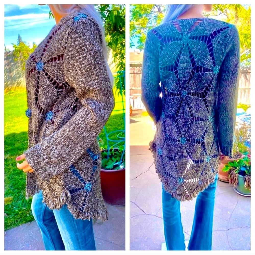 XS-M BoHo Chic Crochet Scallop Fringe Cardigan Duster Sweater - Picture 11 of 16